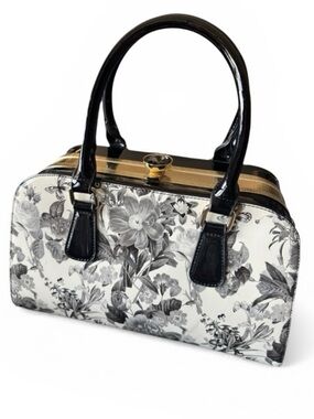Vinyl Floral Greek Key Handbag with Oversized Jewel-Encrusted Buckle, Black
